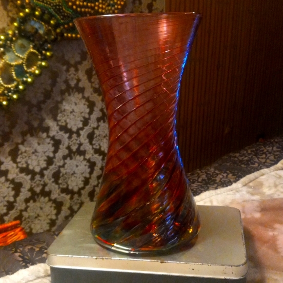 Tote # 2 This is a beautiful Glass Eye Studio Hour Glass Cranberry Rainbow Vase. - Picture 1 of 3